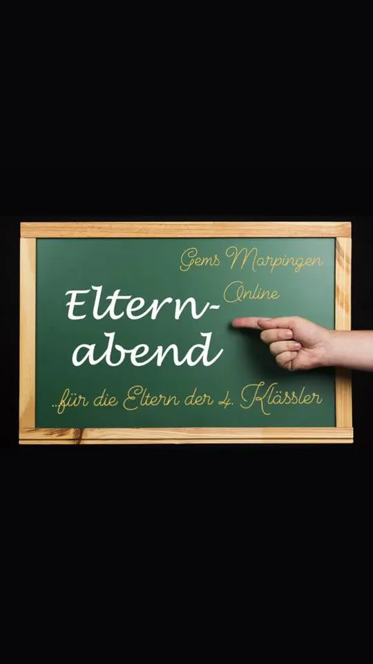 Grafik: Hand zeigt auf eine Tafel mit der Aufschrift „Elternabend“ auf schwarzem Hintergrund