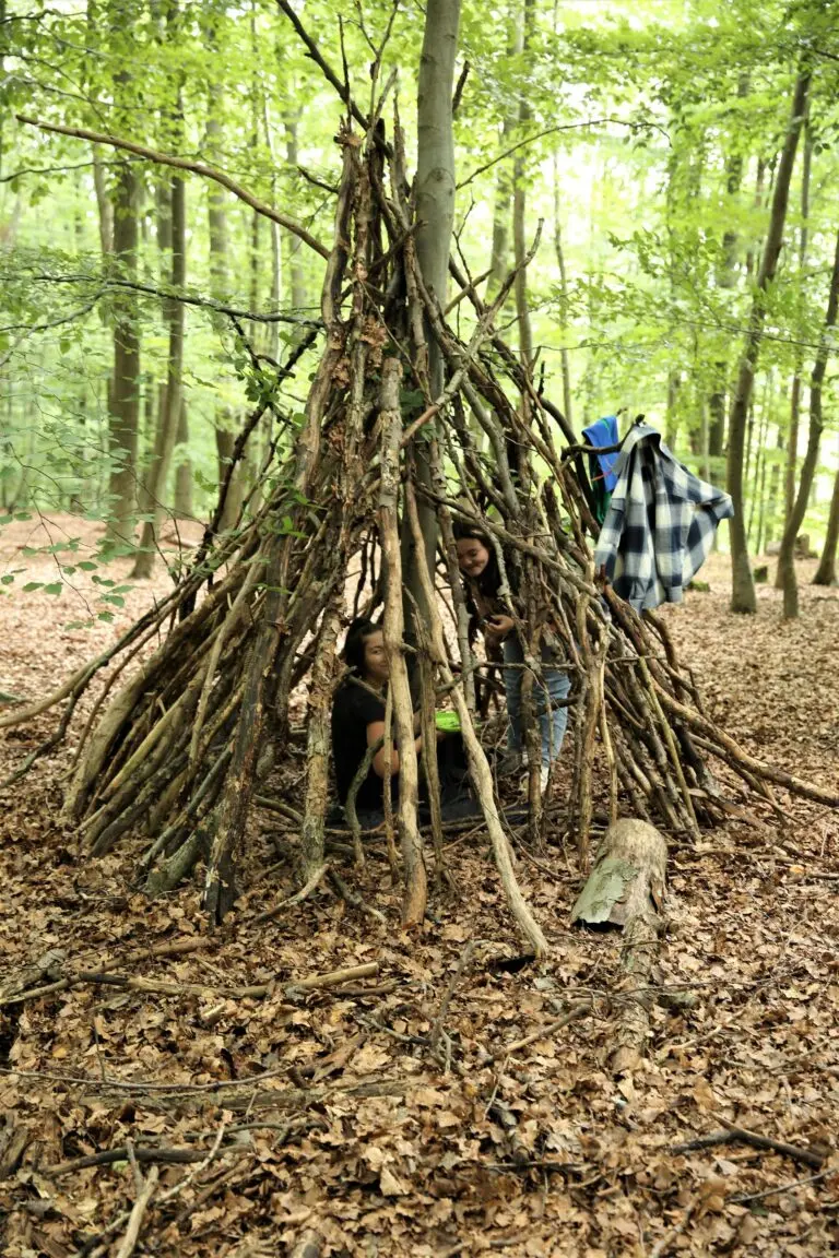 Aus langen Ästen gebautes Tipi zwischen Bäumen auf dem laubbedeckten Waldboden