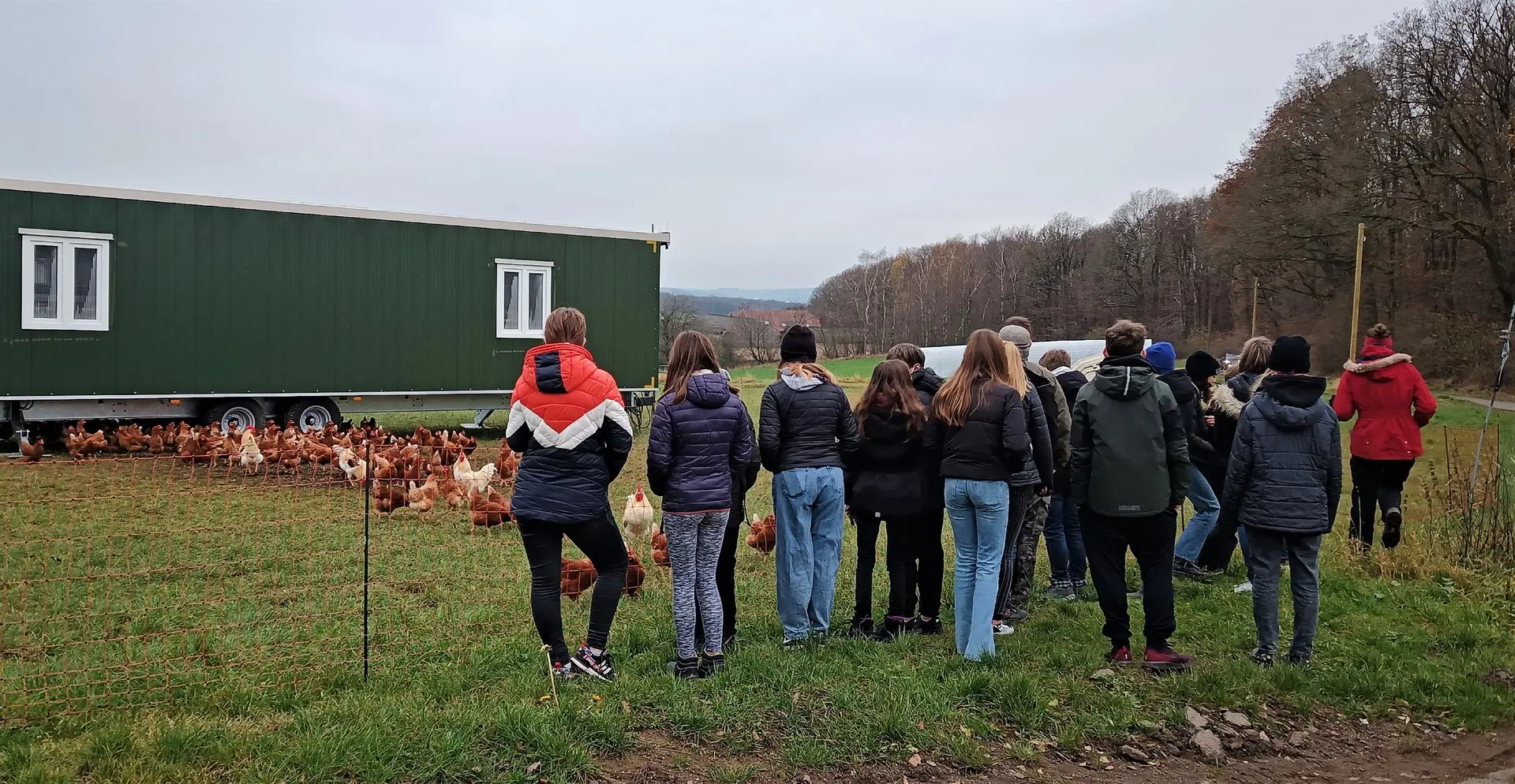 Schülergruppe steht auf einer Wiese an einem mobilen Hühnerstall mit Hühnern