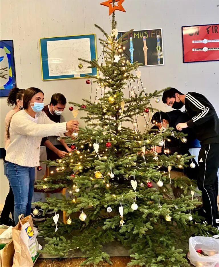 Schülerinnen und Schüler schmücken mit Masken einen Weihnachtsbaum im Klassenraum