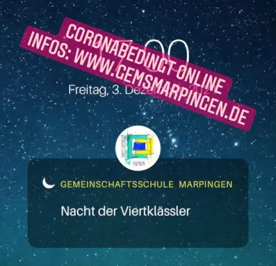 Flyer „Nacht der Viertklässler“ mit Schullogo und Banner „Coronabedingt online – Infos: www.gemsmarpingen.de“