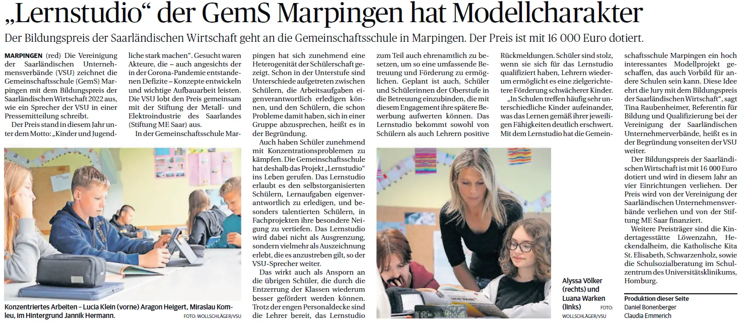 Zeitungsartikel: „Lernstudio“ der GemS Marpingen hat Modellcharakter, mit zwei Fotos