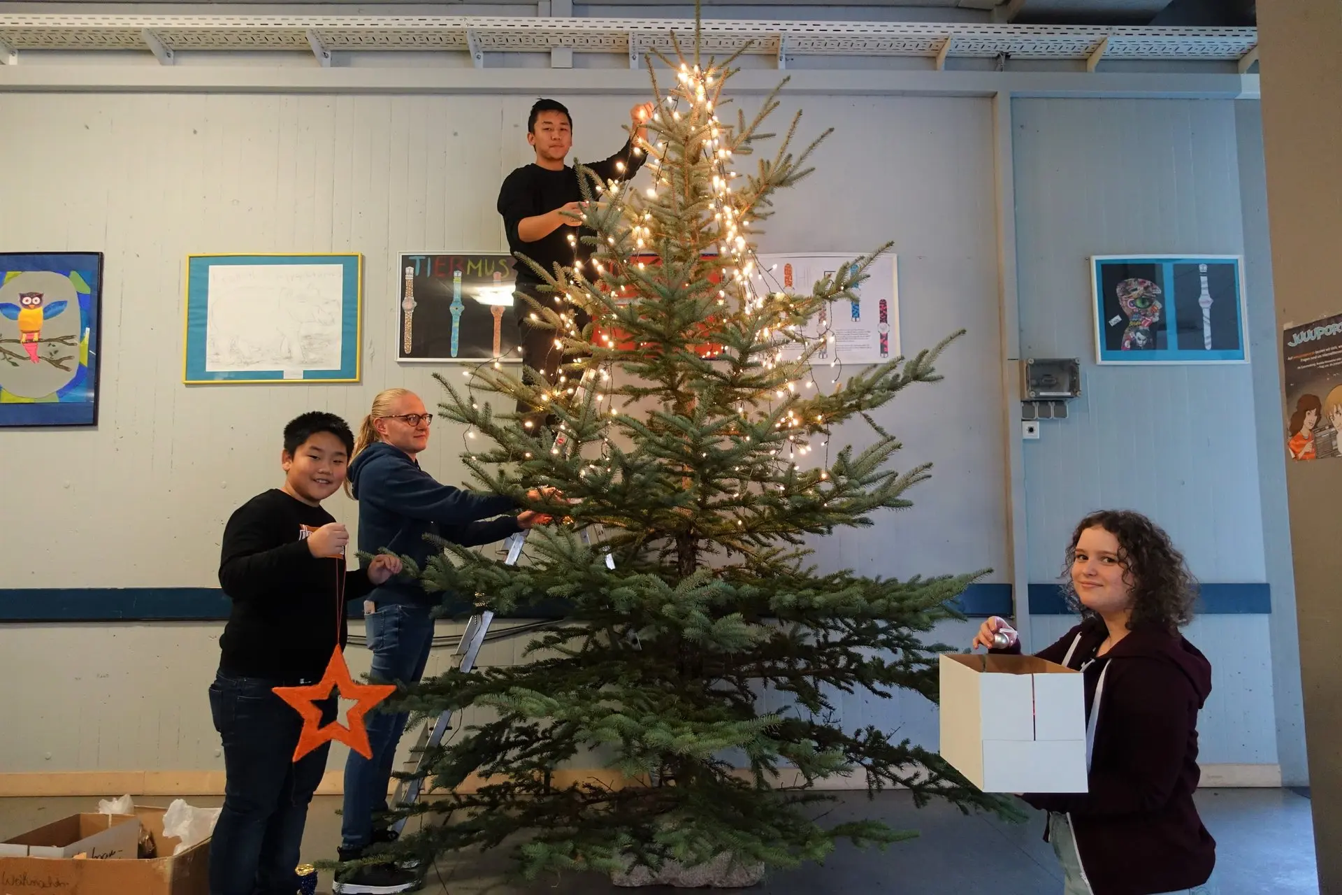 Schülerinnen und Schüler schmücken einen großen Weihnachtsbaum im Schulflur