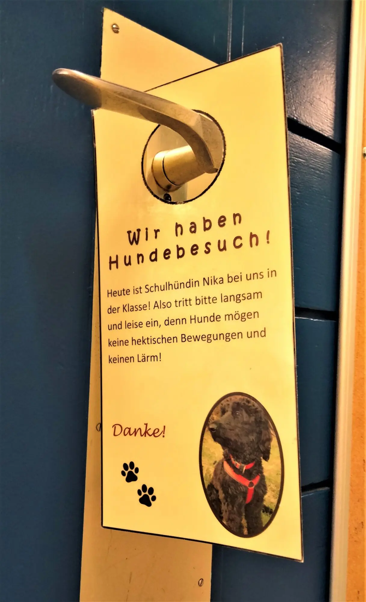 Türhänger mit der Aufschrift „Wir haben Hundebesuch!“ und Foto des Schulhunds