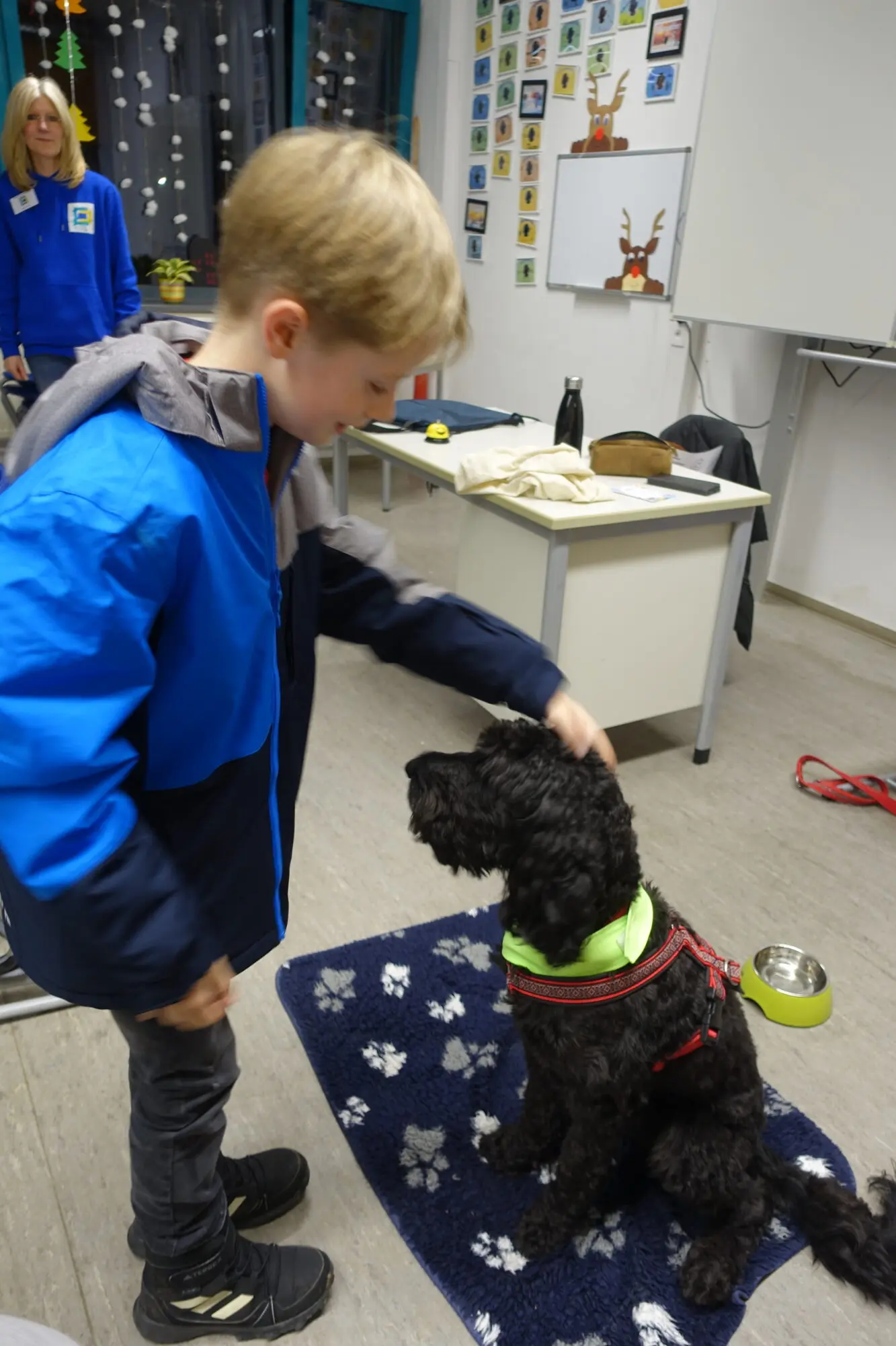 Junge streichelt einen schwarzen Hund, der auf einer Decke sitzt