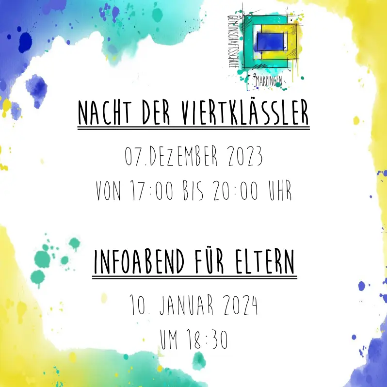 Plakat: Nacht der Viertklässler am 7. Dezember 2023, Infoabend für Eltern am 30. Januar 2024