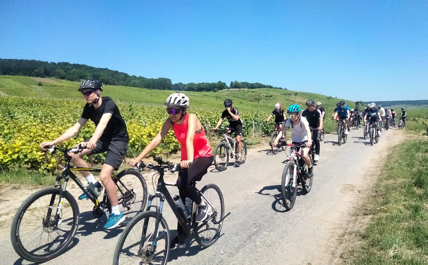 Radfahrende in einer Reihe auf einem Feldweg bei blauem Himmel