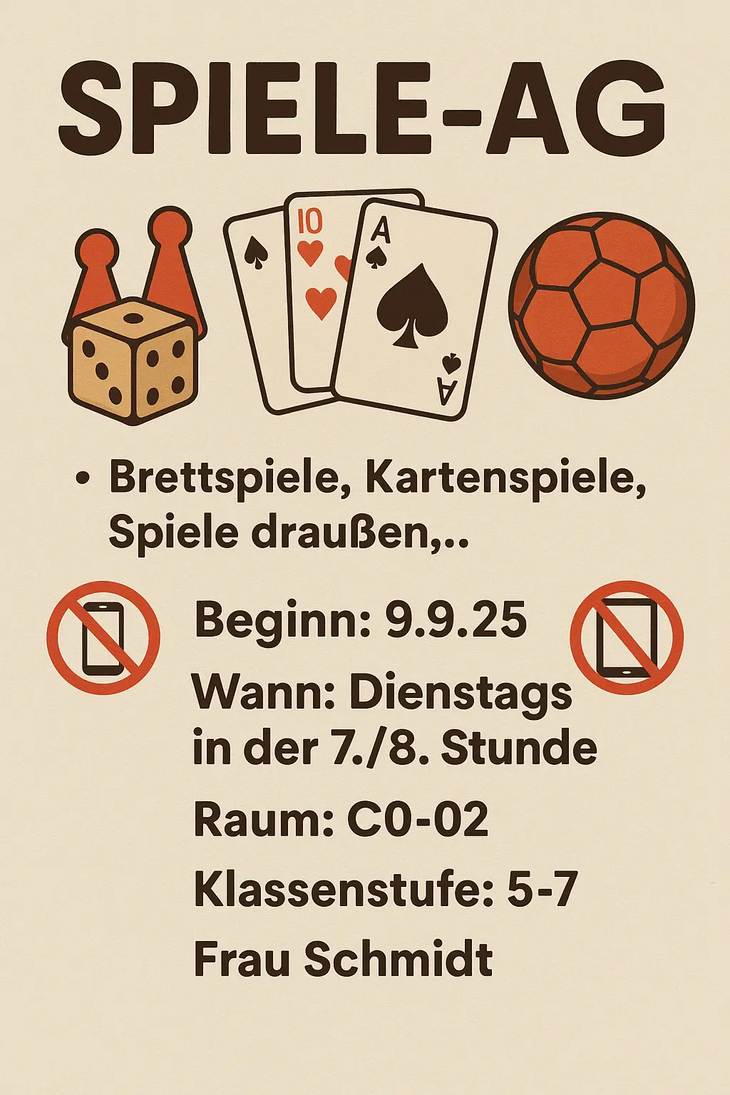 Flyer zur Spiele-AG: Brett- und Kartenspiele, dienstags 7./8. Stunde, Raum C0-02, Klassen 5–7