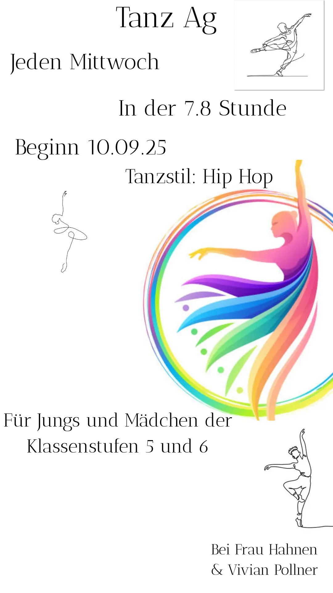 Flyer zur Tanz-AG: jeden Mittwoch, 7./8. Stunde, Hip-Hop für Jungen und Mädchen der Klassen 5 und 6