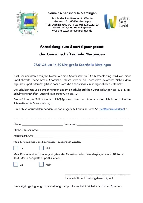 Anmeldeformular zum Sporteignungstest für die Sportklasse der Gemeinschaftsschule Marpingen