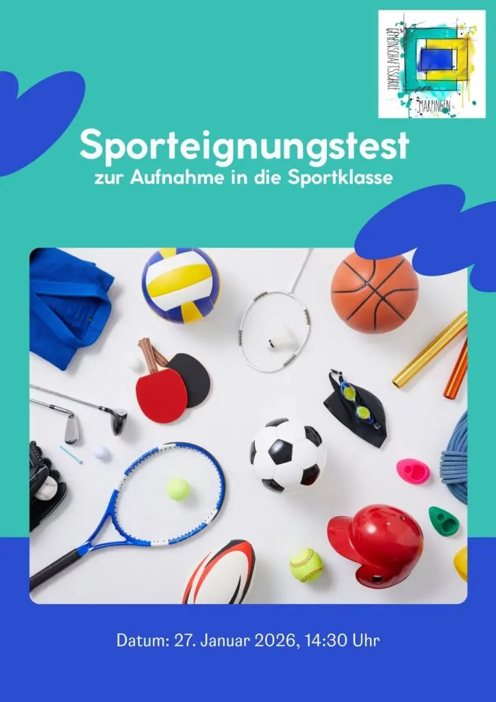 Flyer zum Sporteignungstest zur Aufnahme in die Sportklasse mit Bällen und Sportgeräten