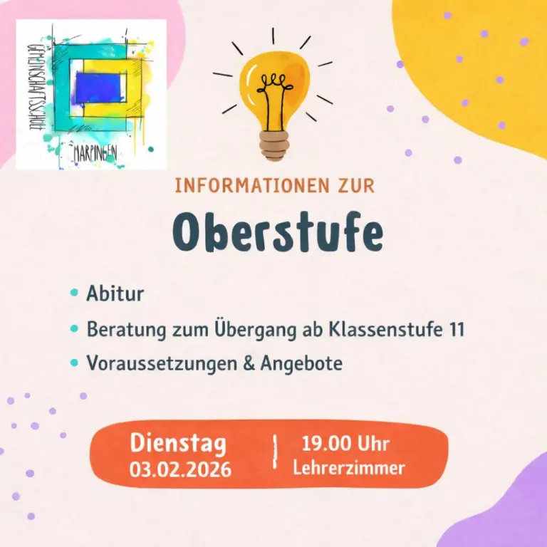 Plakat: Informationen zur Oberstufe – Abitur, Beratung zum Übergang ab Klassenstufe 11, Dienstag 03.02.2026, 19 Uhr, Lehrerzimmer