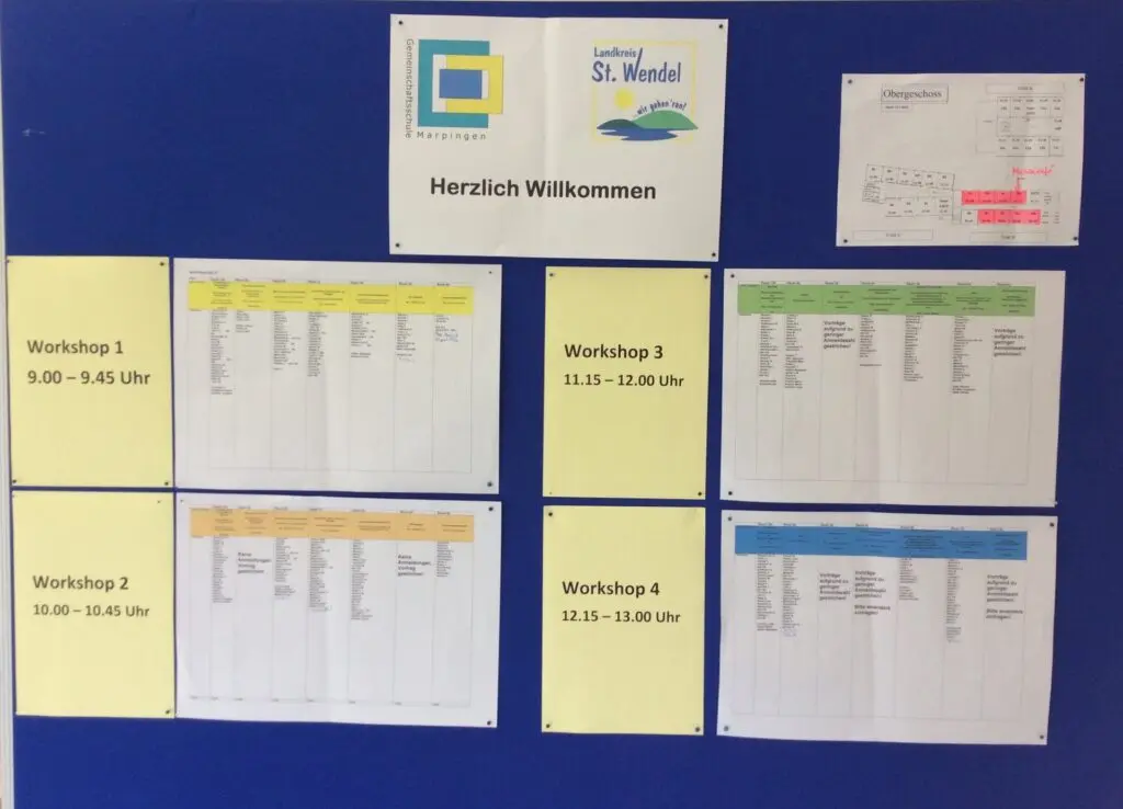 Pinnwand mit Begrüßung „Herzlich Willkommen“ und Plänen für vier Workshops