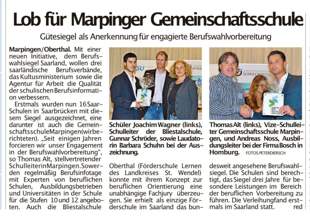 Zeitungsartikel „Lob für Marpinger Gemeinschaftsschule“ zum Gütesiegel für engagierte Berufswahlvorbereitung