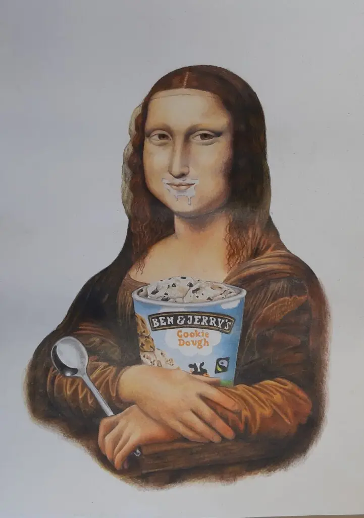 Schülerzeichnung: Mona Lisa als Parodie mit einem Eisbecher in den Händen