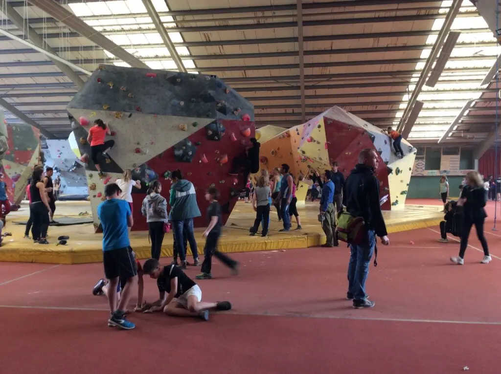 Schülerinnen und Schüler in einer Kletterhalle mit bunten Kletterwänden