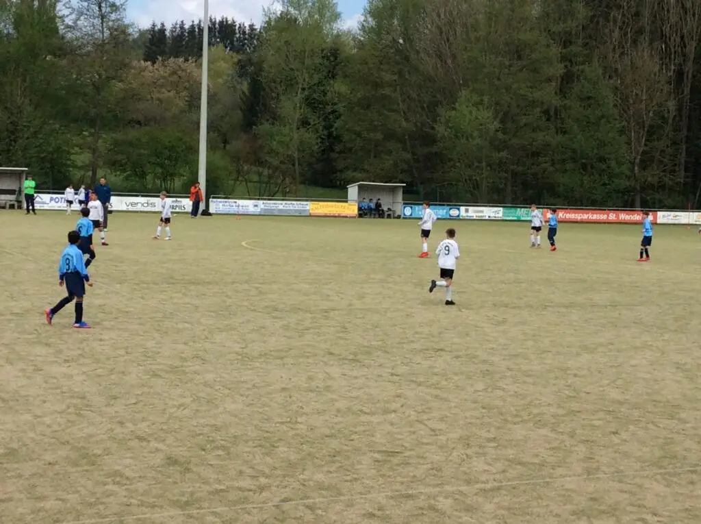 Fußballspiel auf einem großen Rasenplatz, im Hintergrund Wald