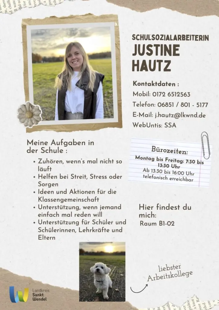 Flyer der Schulsozialarbeiterin Justine Hautz mit Foto, Kontaktdaten, Sprechzeiten und ihren Aufgaben an der Schule
