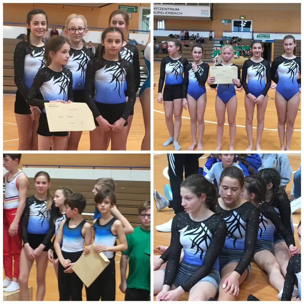Collage: Turnerinnen in blau-schwarzen Turnanzügen mit Urkunden bei einem Wettkampf in der Sporthalle