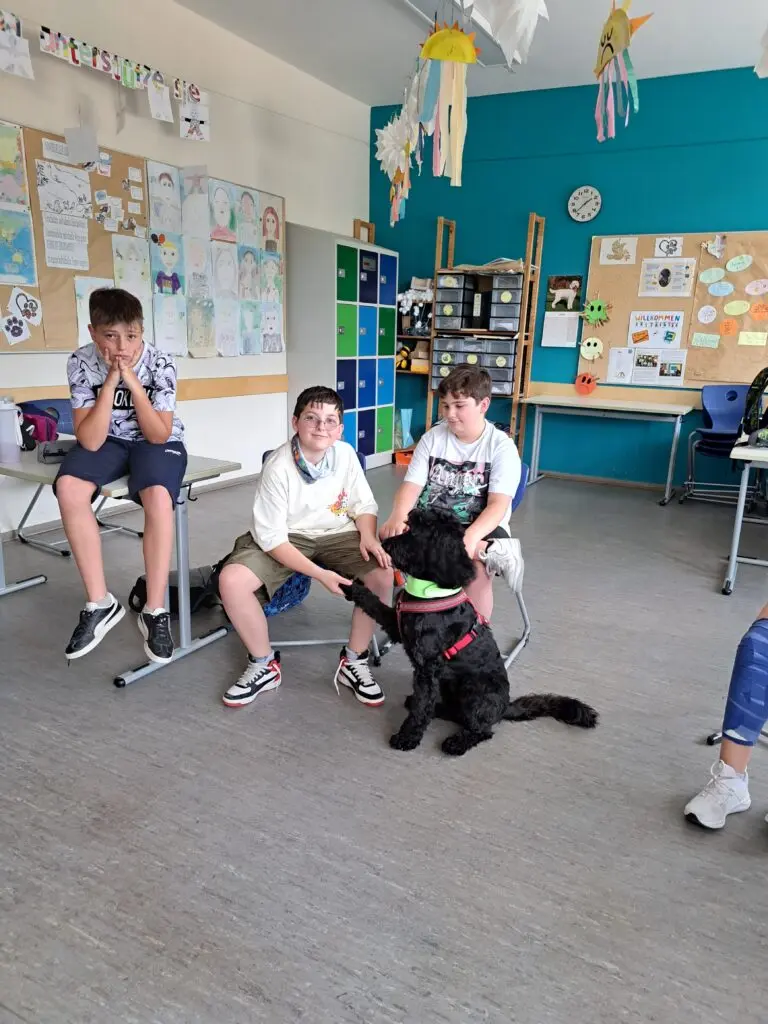 Schüler sitzen im Klassenraum auf Stühlen im Kreis, ein schwarzer lockiger Hund liegt in ihrer Mitte