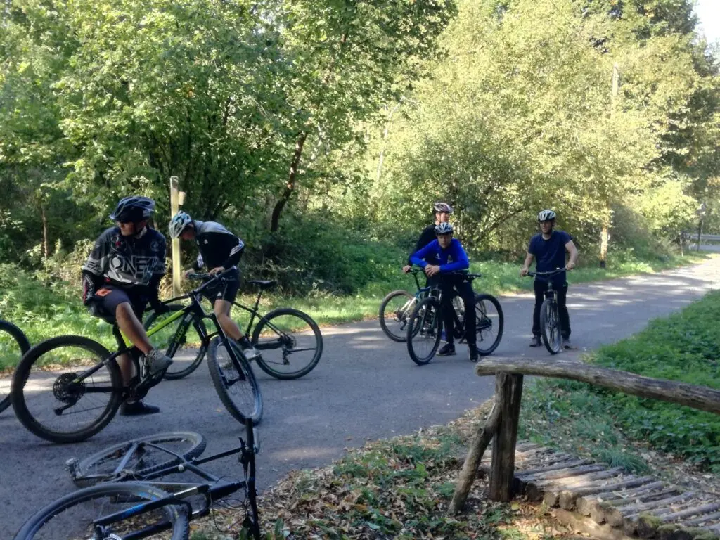 Gruppe von Jugendlichen mit Mountainbikes auf einem asphaltierten Weg zwischen Bäumen